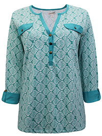 Damart TURQUOISE Cotton Rich Printed Henley Utility Top - Plus Size 12 to 24