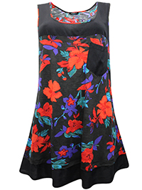 BLACK Sleeveless Floral Print Tunic Top - Plus Size 16 to 26
