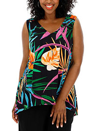 JD Williams BLACK Tropical Print Dipped Hem Jersey Top - Plus Size 12 to 24