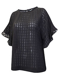 BLACK Textured Check Frill Sleeve Top - Size 8 to 22