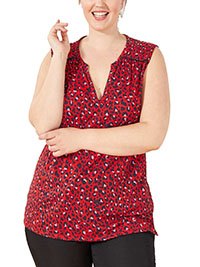 KIABI RED Printed Notched Neckline Sleeveless Jersey Top - Plus Size 18/20 to 30/32 (EU 46/48 to 58/60)