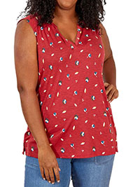 KIABI RED Printed Notched Neckline Sleeveless Jersey Top - Plus Size 18/20 to 26/28 (EU 46/48 to 54/56)