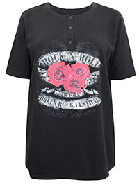 Janina BLACK Pure Cotton 'Rock N Roll' Rose Print Tee - Plus Size 16 to 22 (EU 42 to 48)