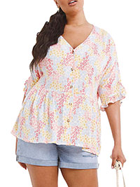 SimplyBe PINK Floral V-Neck Crinkle Button Through Smock Top - Size 10 to 32