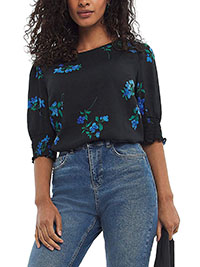 BLUE Floral Shirred Cuff Puff Sleeve Top - Plus Size 24 to 26