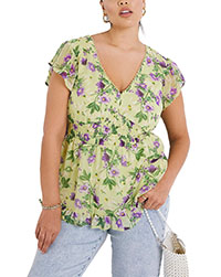 GREEN Floral Shirred V-Neck Frill Peplum Top with Back Tie Detail - Plus Size 14 to 28