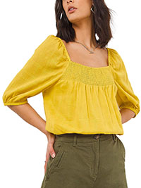 JD Williams CHARTREUSE Square Neck Shirred Detail Grid Fabric Top - Plus Size 14 to 32