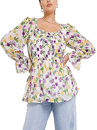 IVORY Floral Shirred Frill Square Neck Top - Plus Size 12 to 16