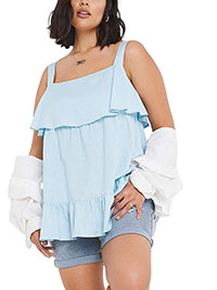 BABY-BLUE Linen Frill Detail Vest Top - Size 10 to 32