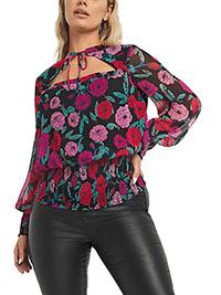 SimplyBe BLACK Floral Cut Out Shirred Waist Long Sleeve Blouse - Plus Size 16 to 32