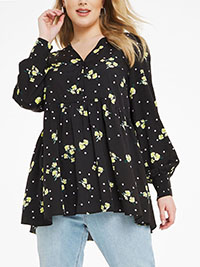 SimplyBe BLACK Floral Print Shirred Cuff Smock Top - Plus Size 16 to 24