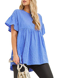 BLUE Textured Short Sleeve Frill Sleeve Smock Top - Plus Size 12 to 32