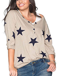 BPC BEIGE Pure Cotton Star Print Roll Sleeve Top - Plus Size 14/16 to 30/32 (US M to 3XL)