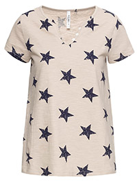 BPC BEIGE Pure Cotton Button Detail Star Print T-Shirt - Plus Size 14/16 to 22/24 (US M to XL)