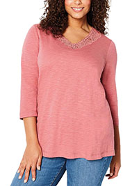 J.Jill ROSE-PINK Pure Cotton Crochet Trim Top - Size 4/6 to 28/30 (US XS to 4X)