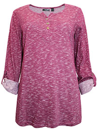 DARK-PINK Long Sleeve Melange Jersey Knit Henley Top - Size 10/12 to 30/32 (US S to 3XL)