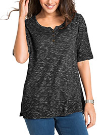 BLACK Melange Short Sleeve Jersey Knit Henley Top - Size 10/12 to 30/32 (US S to 3XL)