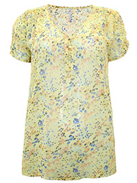 YELLOW Floral Print Crinkle Blouse - Size 10 to 20 (EU 38 to 48)