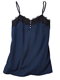 Blancheporte BLUE Contrast Eyelash Lace Satin Cami Top - Size 8 to 24 (EU 36 to 52)
