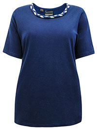 BPC NAVY Pure Cotton Braided Neckline Top - Size 10/12 to 26/28 (US S to 2XL)