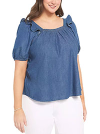 Lane Bryant BLUE Classic Square Neck Top With Ruffles - Plus Size 18 to 24 (US 14W to 20W)