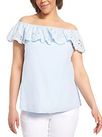 SKY-BLUE Pure Cotton Broderie Anglaise Bardot Frill Top - Plus Size 18/20 to 34/36 (US 14/16 to 30/32)