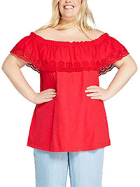 RED Pure Cotton Broderie Anglaise Bardot Frill Top - Plus Size 18/20 to 30/32 (US 14/16 to 26/28)