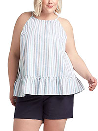 BLUE Pure Cotton Sleeveless Striped Flounce Hem Top - Plus Size 20 to 22 (US 16 to 18)