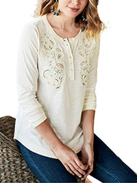 IVORY Safiya Embroidered Henley Tee - Size 4 to 26 (US XS to 3X)