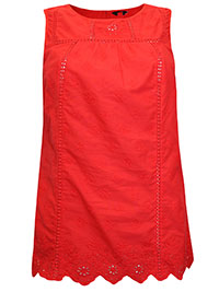 RED Pure Cotton Sleeveless Broderie Top - Size 8 to 22