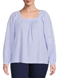 BLUE Seersucker Striped Cotton Blouse - Plus Size 16 to 30/32 (US 0X to 4X)