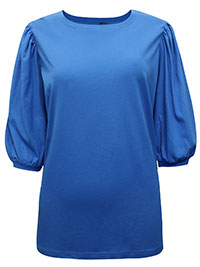 BLUE Pure Cotton Volume Sleeve Top - Size 10/12 to 14/16 (S to M)