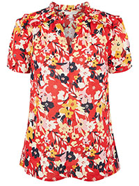 MSN RED Linen Blend Floral Print Frill Trim Top - Plus Size 12/14 to 24 (M to XXL)