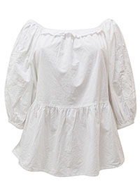 WHITE Embroidered Sleeve Bardot Peplum Top - Plus Size 20 to 28 (US 18 to 26)