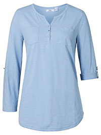 SKY-BLUE Cotton Rich Roll Sleeve Henley Top - Size 10/12 to 30/32 (S to 3XL)