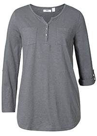 GREY Cotton Rich Roll Sleeve Henley Top - Size 10/12 to 30/32 (S to 3XL)