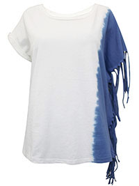 WHITE/BLUE Pure Cotton Tie Dye Fringe Side T-Shirt - Size 10/12 to 18/20 (S to L)