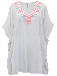 WHITE Contrast Embroidered Kaftan - Free PlusSize Fits 24 to 28