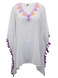 WHITE Contrast Embroidered Tassel Trim Kaftan - Free PlusSize Fits 24 to 28
