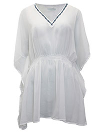 WHITE Contrast Embroidered Shirred Waist Kaftan - Freesize