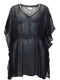 BLACK Contrast Embroidered Shirred Waist Kaftan - Freesize