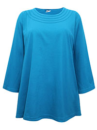 TURQUOISE Pure Cotton Ribbed Neckline Top - Plus Size 20 to 30