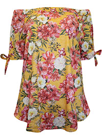 OCHRE Floral Print Tie Sleeve Bardot Top - Plus Size 16