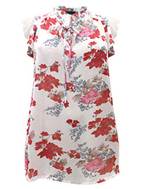 Curve WHITE RED Floral Print Tie Neck Blouse - Plus Size 18 to 26/28