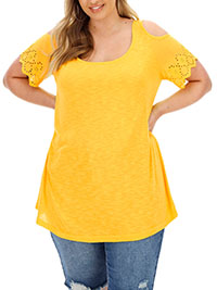 YELLOW Jersey Broderie Cold Shoulder Top - Plus Size 22 to 26