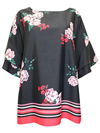 BLACK Floral Print Fluted Sleeve Blouse - Plus Size 18 to 20