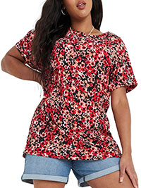 RED Ditsy Floral Print Button Detail Boxy Top - Plus Size 16 to 28