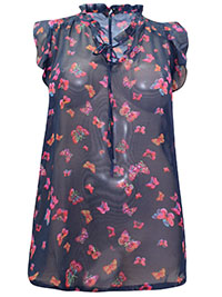 PLUS NAVY Butterfly Print Tie Neck Blouse - Plus Size 16 to 26/28
