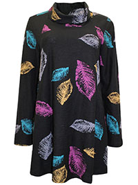 BLACK Pure Cotton Roll Neck Leaf Print Pocket Tunic - Size 12 to 18