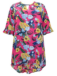 PINK Floral Print Frill Sleeve Keyhole Top - Plus Size 18 to 30/32